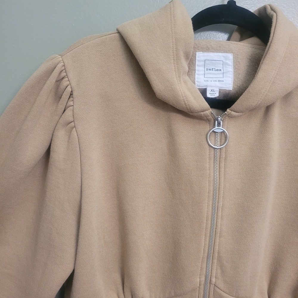 Reflex Women's Beige Cropped Zip Up Hoodie‎ Puff Sleeve "Life is Out There" - Picture 6 of 12